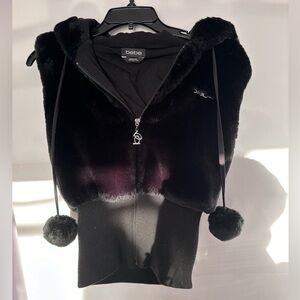 🖤SOLD🖤Bebe Fur Trim Zip Up Hoodie with Pom Poms with rhinestones vest